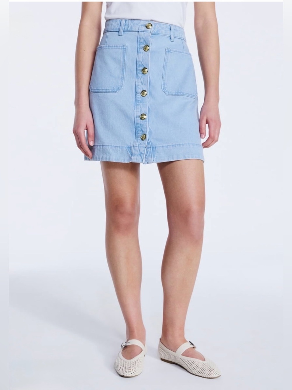 Button-Front Light Blue Denim Mini Skirt